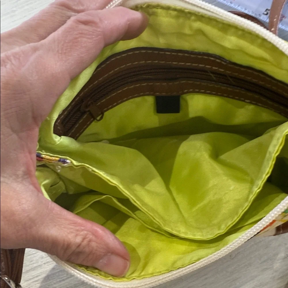 Lily Bloom Cream Crossbody Bag with Multicolor Butterfly Print and Brown Trim - Picture 11 of 12